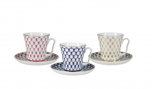 Special: Lomonosov Porcelain Mug and Saucer Set 6 items: Cobalt, Red and Golden Net Special: Lomonosov Porcelain Mug and Saucer Set 6 items: Cobalt, Red and Golden Net