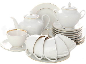 Lomonosov Imperial Porcelain Spring Snow White Tea Set 6/20: Tea Pot, Sugar Bowl, 6 Cups with Saucers and 6 Cake Plates Lomonosov Imperial Porcelain Spring Snow White Tea Set 6/20: Tea Pot, Sugar Bowl, 6 Cups with Saucers and 6 Cake Plates