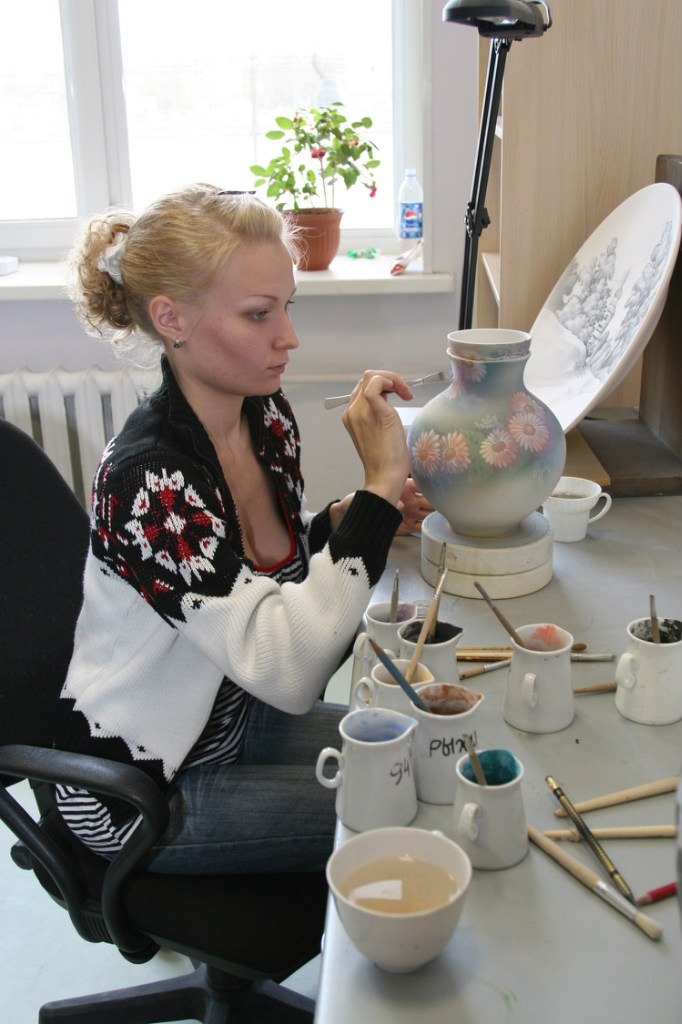 Drawing painting with a special ceramic paints intended for underglaze decoration.