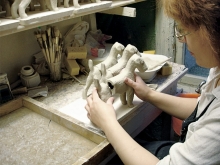 The process of bonding cast porcelain parts. Parts the product are stuck together with thicker slurry.