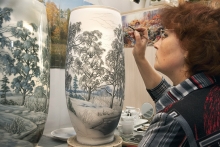 Drawing painting with a special ceramic paints intended for underglaze decoration.