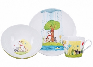 Lomonosov Imperial Porcelain Baby Set: Cup, Plate, Bowl Let's Be Friends