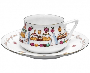 Lomonosov Imperial Porcelain Bone China Cup and Saucer Bilibina Easter Cake & Eggs Lomonosov Imperial Porcelain Bone China Cup and Saucer Bilibina Easter Cake & Eggs