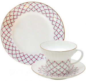 Lomonosov Imperial Porcelain Bone China Cup and Saucer Pink Net Wave