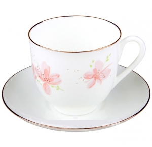 Lomonosov Imperial Porcelain Bone Cup and Saucer Pink Flowers