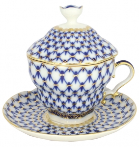 Lomonosov Imperial Porcelain Covered Cup and Saucer Cobalt Net Gift-2