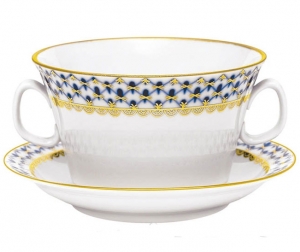 Lomonosov Imperial Porcelain Soup Bowl and Saucer Cobalt Net 12.7 oz/360 ml