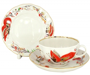 Lomonosov Imperial Porcelain Tea Set 3 pc Tulip Red Butterflies 8.45 oz/250 ml Lomonosov Imperial Porcelain Tea Set 3 pc Tulip Red Butterflies 8.45 oz/250 ml