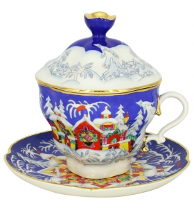 Lomonosov Imperial Porcelain Covered Cup and Saucer Christmas Winter Fairy Tale Lomonosov Imperial Porcelain Covered Cup and Saucer Christmas Winter Fairy Tale