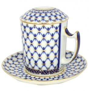 3pc Authentic Russian Lomonosov St Petersburg Lid Mug Saucer Cobalt Net Coffee 