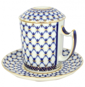Lomonosov Imperial Porcelain Covered Tea Mug and Saucer Cobalt Net 12.8 oz Lomonosov Imperial Porcelain Covered Tea Mug and Saucer Cobalt Net 12.8 oz