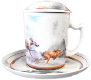 Lomonosov Imperial Porcelain Covered Tea Mug and Saucer Hunting 12.8 oz Lomonosov Imperial Porcelain Covered Tea Mug and Saucer Hunting 12.8 oz