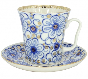 Lomonosov Imperial Porcelain Mug and Saucer Bindweed Leningradskii 12.2 fl.oz/360 ml