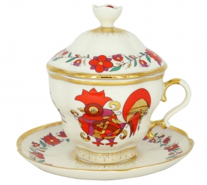 Lomonosov Imperial Porcelain Covered Cup and Saucer Red Roosters Gift-2 Lomonosov Imperial Porcelain Covered Cup and Saucer Red Roosters Gift-2