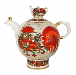 Lomonosov Imperial Porcelain Tea Pot Family Red Rooster 9 Cups