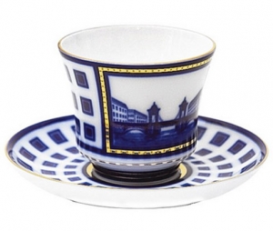 Lomonosov Imperial Porcelain Tea Set Cup abd Saucer Banquet Lomonosov Bridge 7.4 oz/220 ml