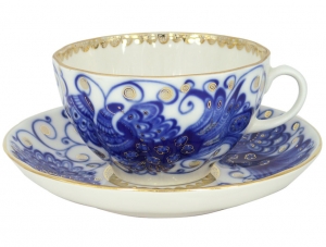 Lomonosov Imperial Porcelain Tea Set Cup and Saucer Tulip Magic Fire Bird 8.45 oz/250 ml