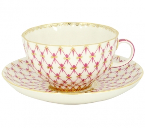 Lomonosov Imperial Porcelain Tea Set Cup and Saucer Tulip Red Net Blues 8.45 oz/250 ml Lomonosov Imperial Porcelain Tea Set Cup and Saucer Tulip Red Net Blues 8.45 oz/250 ml