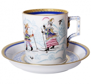 Lomonosov Imperial Porcelain Tea Set Cup and Saucer Winter Fun 7.4 oz/220 ml