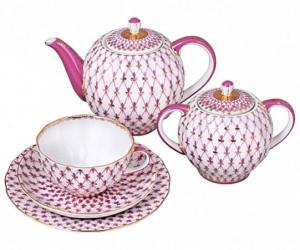 Lomonosov Imperial Porcelain Tea Set Tulip Red Net Blues 6/20 Lomonosov Imperial Porcelain Tea Set Tulip Red Net Blues 6/20