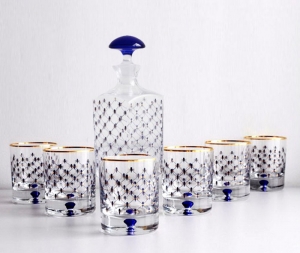 Lomonosov Glass Decanter and 6 Whiskey Lowball Glasses Set Cobalt Net