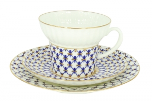 Imperial Lomonosov Porcelain Bone China Tea Set Wave Cobalt Net  5.24 fl.oz/155ml 3pc