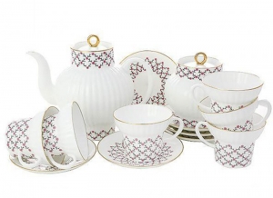  Lomonosov Porcelain Pink Net Wave Bone China Tea Set 20pc