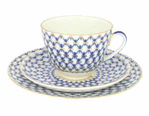 Imperial Lomonosov Porcelain Tea Set Cup, Saucer and Cake Plate Spring Cobalt Net 7.8 oz/230 ml