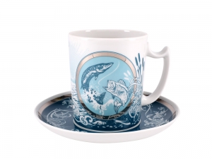 Lomonosov Porcelain Coffee Mug and Saucer Men's Stories Fishing 12.8 oz