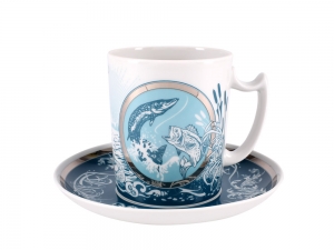Lomonosov Porcelain Coffee Mug and Saucer Men's Stories Fishing 12.8 oz Lomonosov Porcelain Coffee Mug and Saucer Men's Stories Fishing 12.8 oz