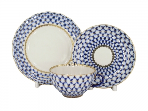 Imperial Lomonosov Porcelain Tulip Cobalt Net Tea Set 3 pc