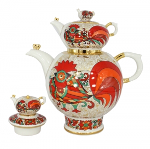 Lomonosov Imperial Porcelain Teapot Set Red Rooster Big and Small