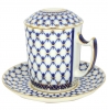 Lomonosov Imperial Porcelain Covered Tea Mug and Saucer Cobalt Net 12.8 oz