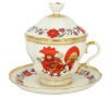 Lomonosov Imperial Porcelain Covered Cup and Saucer Red Roosters Gift-2