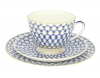 Imperial Lomonosov Porcelain Tea Set Cup, Saucer and Cake Plate Spring Cobalt Net 7.8 oz/230 ml