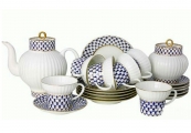 Lomonosov Imperial Porcelain Tea Set Cobalt Net Wave Bone China 6/21