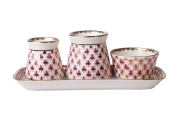 Russian Porcelain Spice set Red Net: Tray, Salt Cellar,Pepper box, Sauceboat